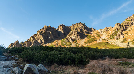 Amazing autumn Vysoke Tatry mountais from hiking trail near Skok waterfall on Mlynicka dolina valley in Slovakia © honza28683