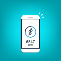 Fitness tracking app on mobile phone. Run tracker, walk steps counter. Vector illustration