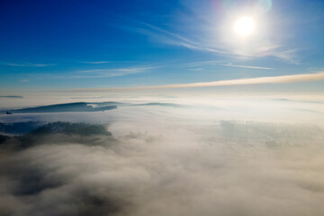 Aerial view of winter landscape with dark bare forest trees covered with dense fog.