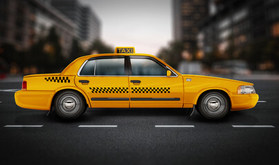 Yellow taxi cab on the road. 3D illustration - obrazy, fototapety, plakaty