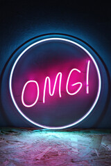 Pink and blue neon sign circle omg. Trendy style. Neon sign. Custom neon. Home decor. - obrazy, fototapety, plakaty