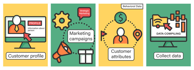 Customer data platform brochures.Customer profile and attributes,marketing campaigns templates.Flyers,magazines,posters,booklets.Client data infographic concept.Layouts illustrations pages with icons