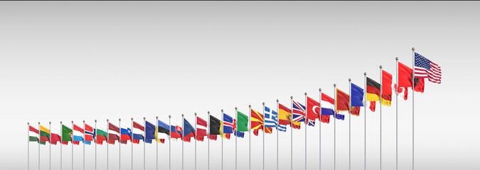 The 30 waving Flags of NATO Countries - North Atlantic Treaty. Isolated on grey background  - 3D illustration.