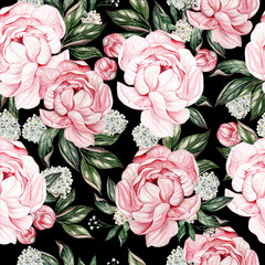 Beautiful Watercolor  seamless pattern with spring peony  and spirea flowers. Illustration