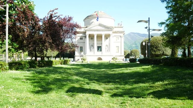 Smooth tracking shot towards the facade of the famous "Tempio Voltiano" (meaning: Alessandro Volta's temple), Como, Italy. Alessandro Volta was an italian scientist.