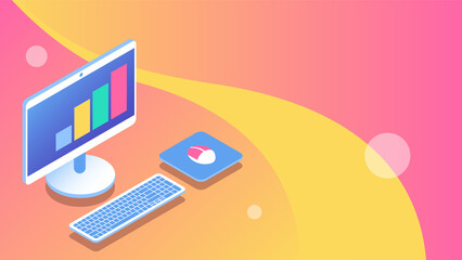 Remote work at home. Computer monitor, keyboard and mouse. Isometric illustration with place for text