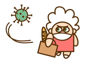 The old woman goes from the store in a protective mask during an epidemic. A dangerous coronavirus flies nearby. Cartoon illustration