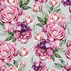 Beautiful Watercolor  seamless pattern with spring peony  and spirea flowers. Illustration
