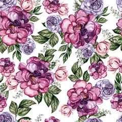 Behang Beautiful Watercolor  seamless pattern with spring peony  and spirea flowers. Illustration © knopazyzy