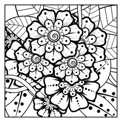 Set of Mehndi flower with frame in shape of heart. Mehndi flower for henna, mehndi, tattoo, decoration. decorative ornament in ethnic oriental style. doodle ornament. coloring book page.