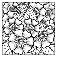 Set of Mehndi flower with frame in shape of heart. Mehndi flower for henna, mehndi, tattoo, decoration. decorative ornament in ethnic oriental style. doodle ornament. coloring book page.