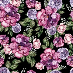 Behang Beautiful Watercolor  seamless pattern with spring peony  and spirea flowers. Illustration © knopazyzy