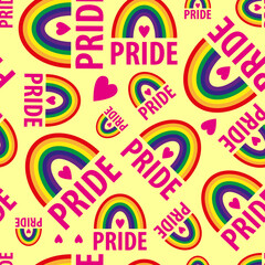 A vector seamless pattern of the words pride. Pride lesbian, gay, bisexual transgender, heart, rainbow on a yellow background. Symbol of the LGBT community. For fabric, wallpaper, wrapping, websites.