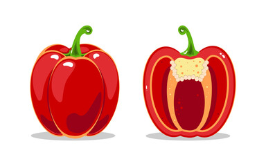 Red bell pepper and red bell pepper in the cut. Healthy nutrition. Vector illustration of vegetables.