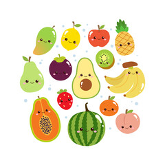 Cute colorful fruits collection with smiley face. Flat vector design.