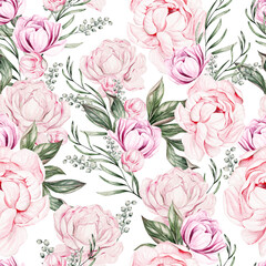 Beautiful Watercolor  seamless pattern with spring peony flowers. Illustration