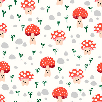 Cute toadstools seamless vector kids pattern repeat. Cute background mushroom fungi with smiling faces on green. Surface pattern design for fabric, wrapping, kid wear, children decor, wallpaper, baby