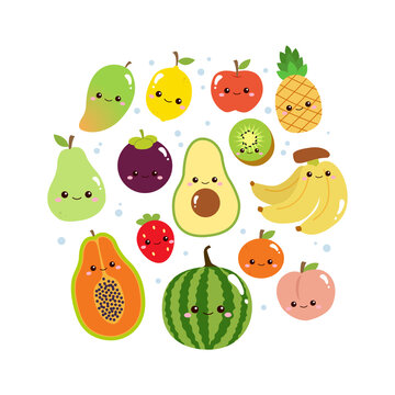 Cute colorful fruits collection with smiley face. Flat vector design. Stock  Vector | Adobe Stock