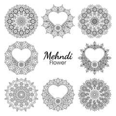 Set of Mehndi flower with frame in shape of heart. Mehndi flower for henna, mehndi, tattoo, decoration. decorative ornament in ethnic oriental style. doodle ornament. coloring book page.