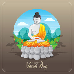 Vesak greeting card with meditating buddha statue
