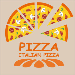 Pizza menu, labels and design elements. Pizza, slices of pizza on a light background. Sliced pizza. Flat design,