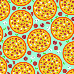Seamless pattern of whole pizza with sliced mushrooms, salami, tomato and onion. Illustration in flat style. Background for printing.