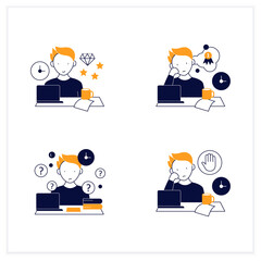 Procrastination flat icons set. Perfectionist, dreamer, overdoer procrastinator. Overwhelmed concept. Vector illustrations