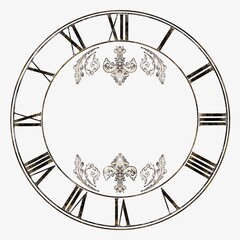 Roman clock  face dial in vintage style. Digital illustration isolated on white background.