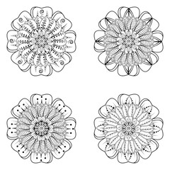 Set of Mehndi flower with frame in shape of heart. Mehndi flower for henna, mehndi, tattoo, decoration. decorative ornament in ethnic oriental style. doodle ornament. coloring book page.