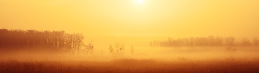 Sunrise and fog over plants autumn landscape panoramic banner