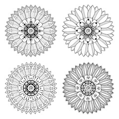 Set of Mehndi flower with frame in shape of heart. Mehndi flower for henna, mehndi, tattoo, decoration. decorative ornament in ethnic oriental style. doodle ornament. coloring book page.