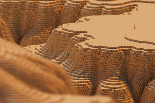 canyon of voxels 3D computer generated aerial landscape 