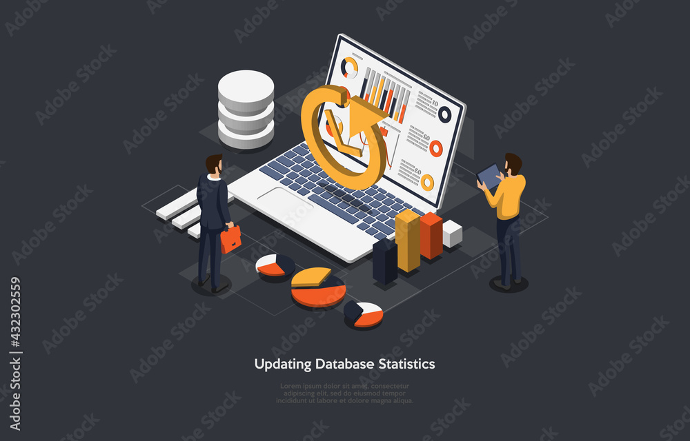 Poster illustration on dark background. updating database statistics concept. isometric vector composition 