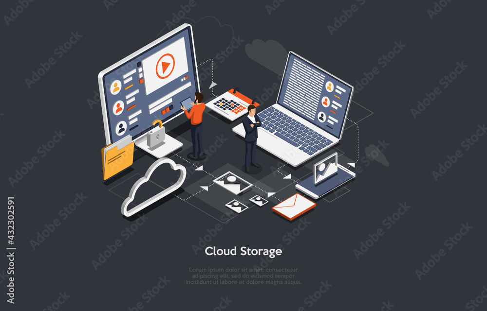 Poster illustration on dark background. data cloud storage concept. isometric vector composition in cartoon