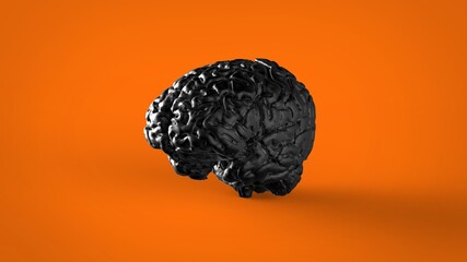 Black marble human brain 
orthographic projection isolated on orange background 3d render image