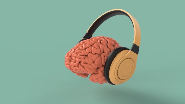Human brain listen to yellow headphones isolated view on blue background 3d render image