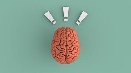 Brain with white exclamation mark concept to creative idea brainstorm top view 3d render image - obrazy, fototapety, plakaty