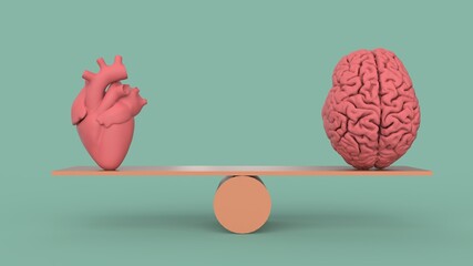 Pink human heart and brain symbols concept stand on balance board libra like 3d render image