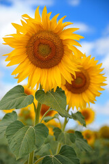 Fototapeta premium Closeup of sunflowers in a field with blue sky and clouds