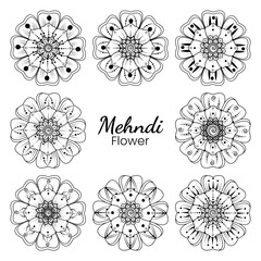 Set of Mehndi flower with frame in shape of heart. Mehndi flower for henna, mehndi, tattoo, decoration. decorative ornament in ethnic oriental style. doodle ornament. coloring book page.