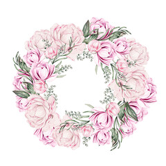 Wreath with peonies, can be used as greeting card, invitation card for wedding, birthday and other holiday and summer background. Watercolor illustration.￼.