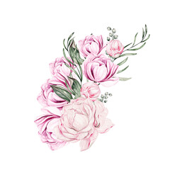 Watercolor bouquet with peony flowers, leaves and buds. Illustration