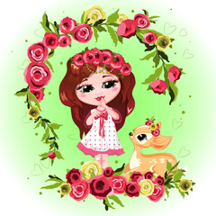 Obraz na płótnie Canvas girl with flowers and pet deer