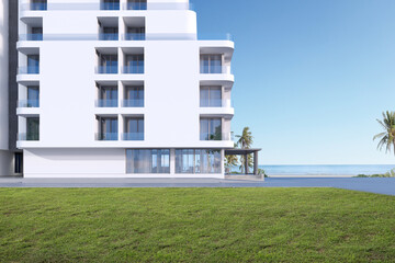 Scenic view of modern residential building, Luxury apartment on sea view background, 3d rendering.