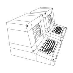 Classic retro perconal computer. Programming code concept. Wireframe low poly mesh vector illustration