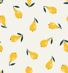 Seamless pattern of pears isolated on beige background. Hand-drawn fruits in flat style. Concept of healthy eating, gardening, summertime. Suitable for web and print design.