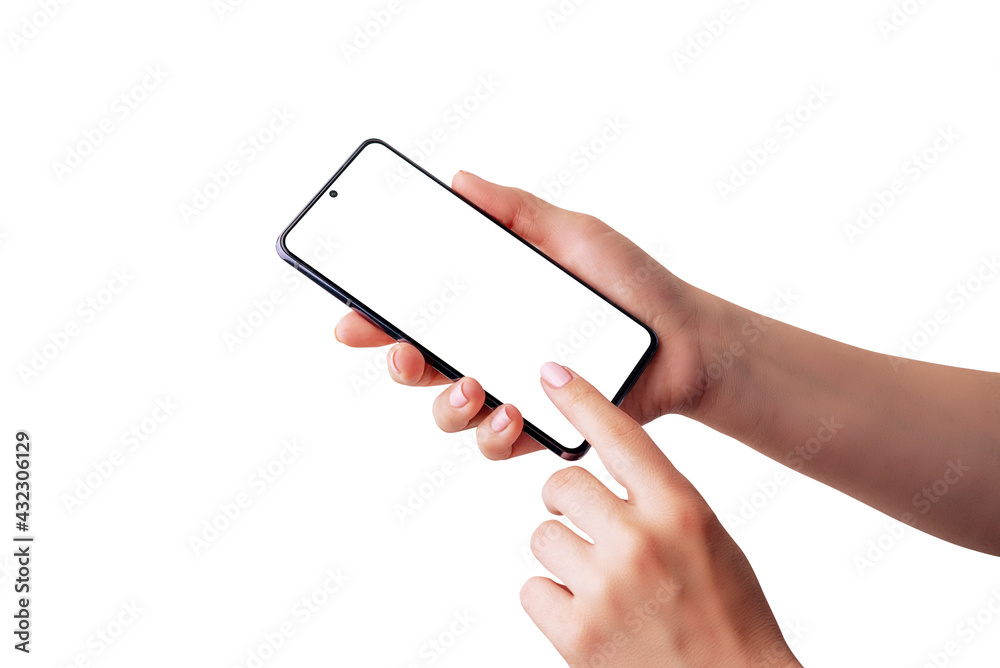 Poster woman holds a mobile phone and touch display. isolated hands and phone screen for mockup, app design
