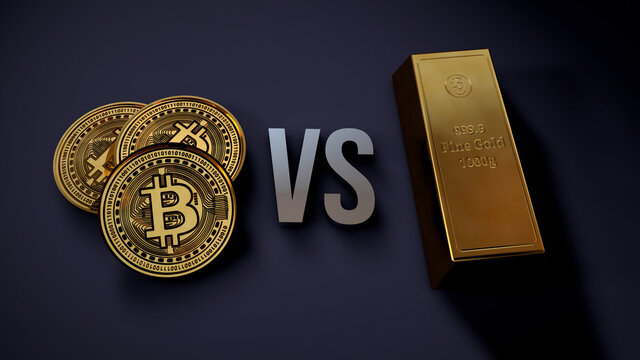 Bitcoin vs gold - Realistic 3d render illustration comparing bitcoins and gold bar on dark background.