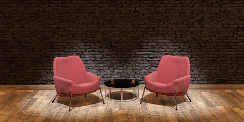 stage with sofas and spotlights in concept of debate, talk or interview - obrazy, fototapety, plakaty