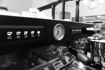 Third wave coffee shop working stand close up view